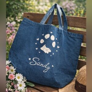 Custom Pet Memorial Canvas Tote – Hand-Dyed Indigo Paw Print Remembrance Bag